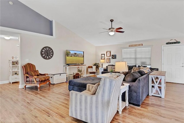 living room with light wood finished floors, baseboards, high vaulted ceiling, and ceiling fan