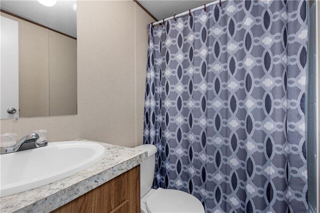 bathroom with toilet, vanity, and a shower with shower curtain