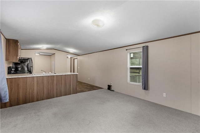 unfurnished living room featuring vaulted ceiling, dark colored carpet, and a sink