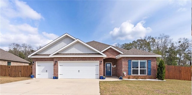 craftsman inspired home with concrete driveway, a front lawn, an attached garage, and brick siding