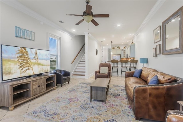 1449 Lagoon Dr W Unit B, Gulf Shores, AL 36542 - living area with light tile patterned flooring, stairway, ornamental molding, a ceiling fan, and recessed lighting