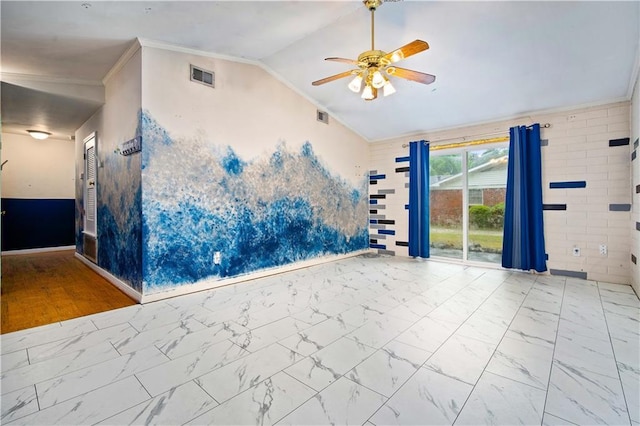 4359 Montclair Cir E, Mobile, AL 36693 - spare room featuring a ceiling fan, vaulted ceiling, marble finish flooring, baseboards, and crown molding