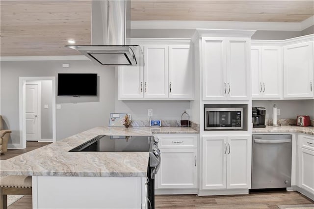 kitchen featuring island exhaust hood, white cabinetry, and stainless steel appliances