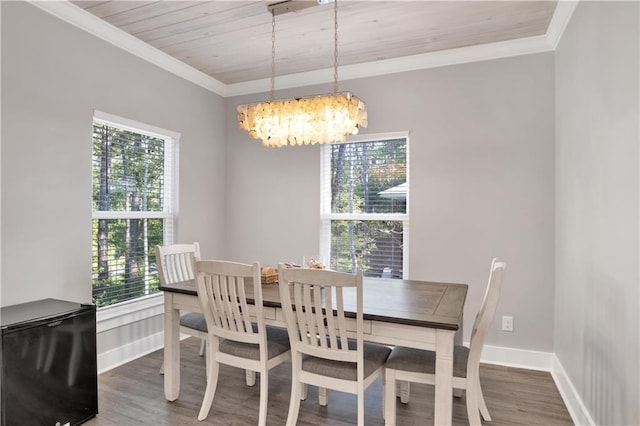 dining space with a chandelier, dark wood-type flooring, and a healthy amount of sunlight