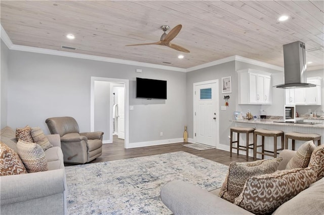 living room with crown molding, dark hardwood / wood-style flooring, ceiling fan, and wooden ceiling