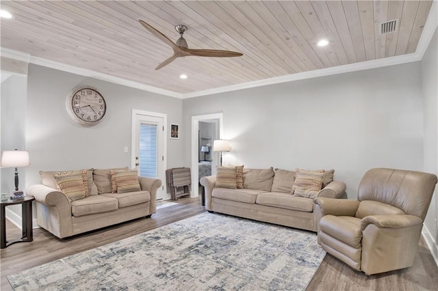 living room with light wood-type flooring, crown molding, ceiling fan, and wooden ceiling