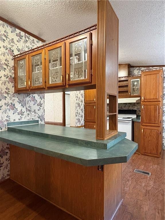 kitchen with white range with electric stovetop, a textured ceiling, a kitchen bar, dark hardwood / wood-style flooring, and kitchen peninsula