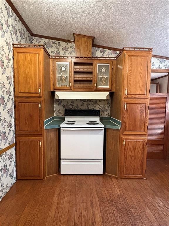 kitchen with hardwood / wood-style flooring, ornamental molding, a textured ceiling, and white range with electric stovetop