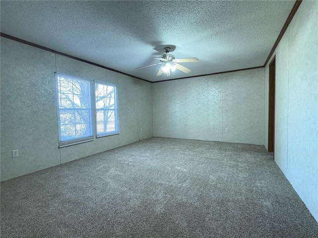 unfurnished room with crown molding, a textured ceiling, and carpet flooring