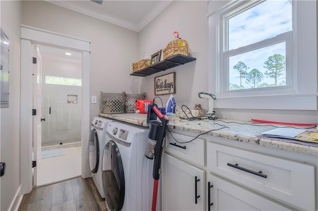 laundry area featuring wood-type flooring, independent washer and dryer, a wealth of natural light, and ornamental molding