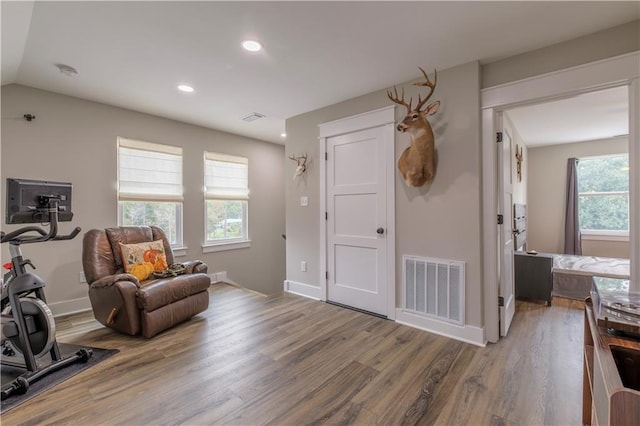 living area featuring hardwood / wood-style floors, a wealth of natural light, and lofted ceiling