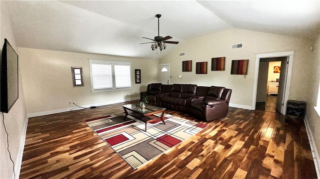 living room with ceiling fan, dark hardwood / wood-style floors, and vaulted ceiling