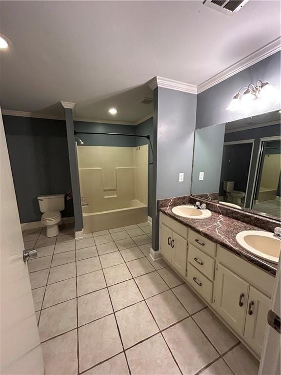 9016 Julie St, Mobile, AL 36608 - full bathroom featuring crown molding, tile patterned floors, toilet, double vanity, and shower / bathtub combination