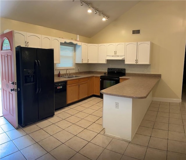 9016 Julie St, Mobile, AL 36608 - kitchen with black appliances, under cabinet range hood, a sink, rail lighting, and light tile patterned floors