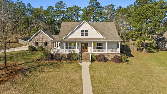 farmhouse inspired home featuring covered porch and a front lawn