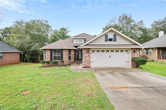 craftsman-style home with a garage, concrete driveway, a front lawn, and brick siding