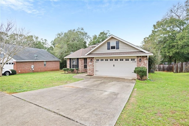 view of front of property featuring a garage, concrete driveway, brick siding, and a front yard