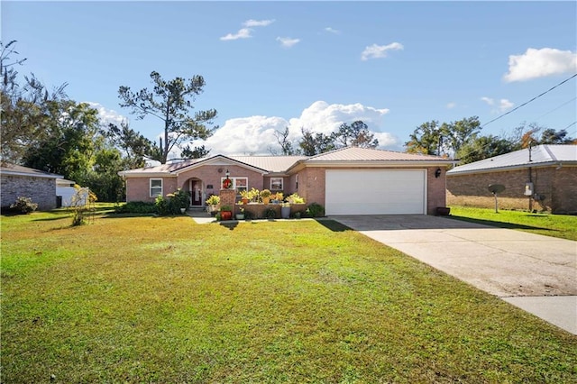 ranch-style house with a garage and a front yard