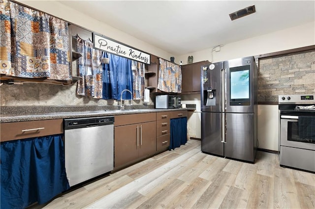 kitchen featuring tasteful backsplash, sink, light hardwood / wood-style flooring, and appliances with stainless steel finishes