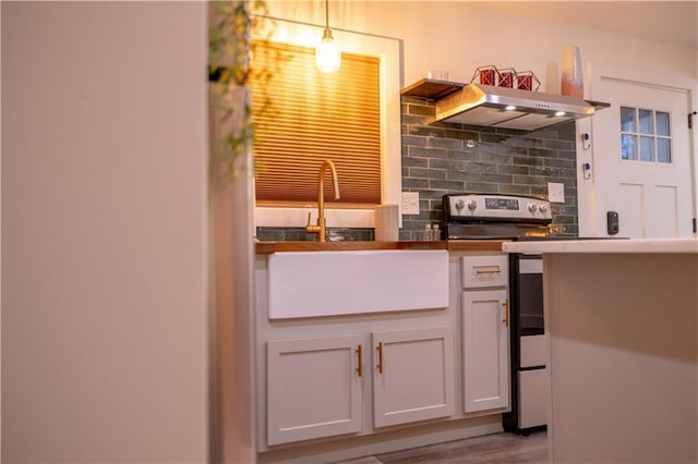 kitchen featuring hanging light fixtures, a sink, electric stove, under cabinet range hood, and wood finished floors