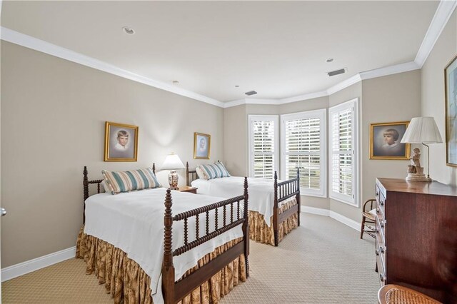 bedroom with light carpet, crown molding, and baseboards