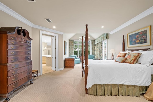 bedroom with recessed lighting, light colored carpet, visible vents, baseboards, and ornamental molding