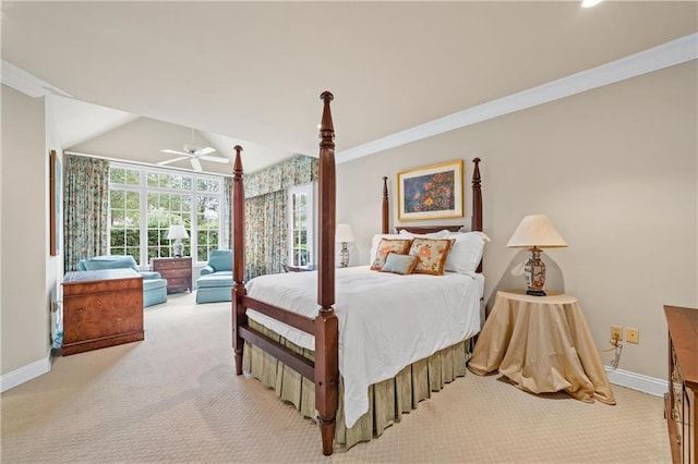 bedroom with light carpet, ornamental molding, vaulted ceiling, and baseboards