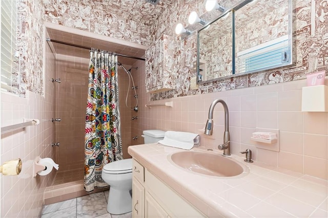 full bathroom with toilet, wallpapered walls, tile walls, and a stall shower