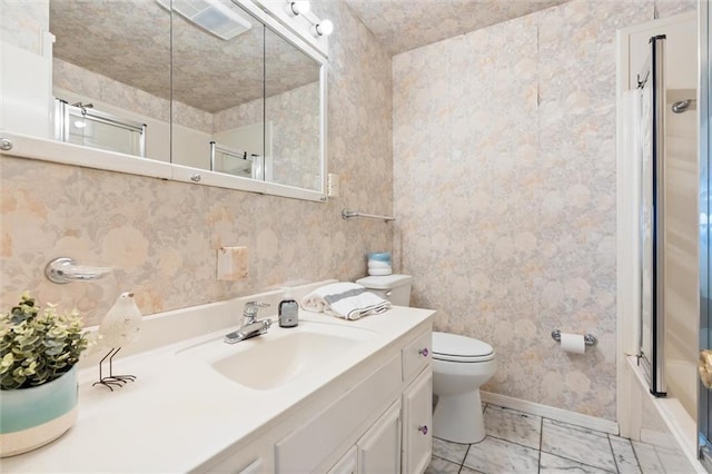 bathroom with marble finish floor, toilet, an enclosed shower, vanity, and baseboards