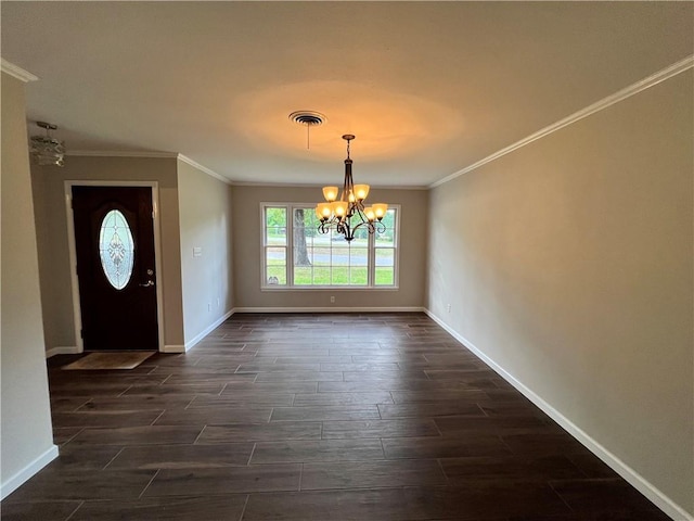 5855 Zeigler Blvd, Mobile, AL 36608 - entrance foyer featuring wood tiled floor, visible vents, crown molding, and an inviting chandelier