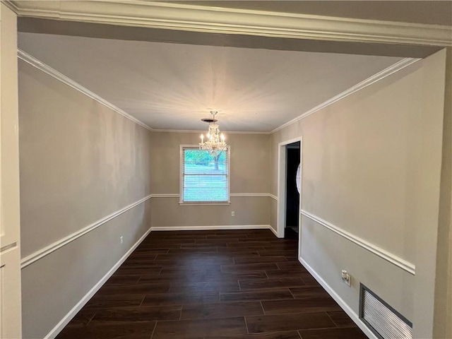 5855 Zeigler Blvd, Mobile, AL 36608 - unfurnished dining area featuring crown molding, a chandelier, dark wood finished floors, baseboards, and visible vents