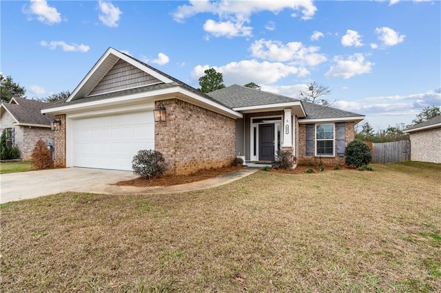 single story home with a garage and a front lawn