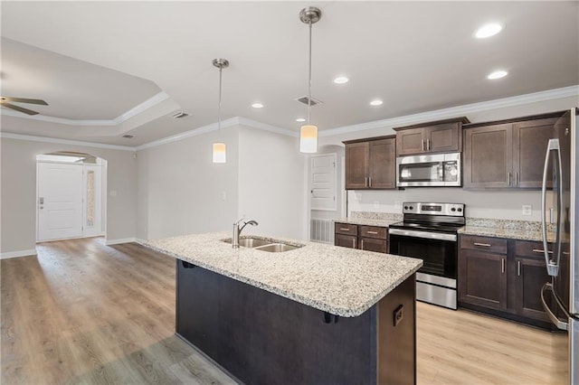 kitchen featuring pendant lighting, sink, light hardwood / wood-style flooring, appliances with stainless steel finishes, and a kitchen island with sink