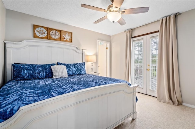 bedroom with french doors, access to exterior, light carpet, a textured ceiling, and a ceiling fan