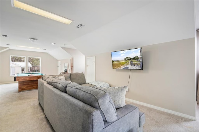 living room featuring light carpet, billiards table, lofted ceiling, and baseboards