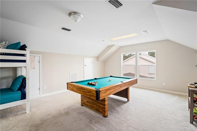 playroom featuring carpet flooring, vaulted ceiling, billiards, and baseboards