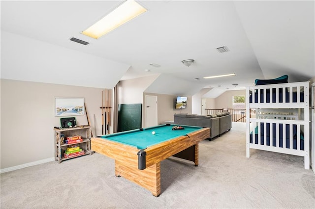 playroom with vaulted ceiling, carpet, billiards table, and baseboards