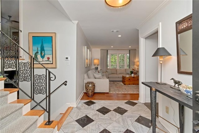 6000 Shenandoah Rd N, Mobile, AL 36608 - corridor with stairs, ornamental molding, and baseboards