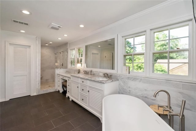 6000 Shenandoah Rd N, Mobile, AL 36608 - bathroom with healthy amount of natural light, a stall shower, recessed lighting, ornamental molding, and double vanity