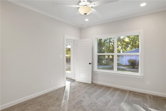 spare room with light colored carpet, plenty of natural light, and crown molding