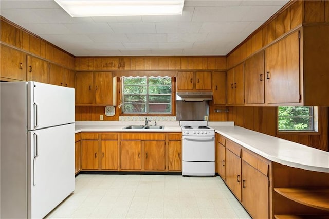 66 Mccoy Ave, Satsuma, AL 36572 - kitchen with white appliances, under cabinet range hood, a sink, brown cabinets, and wooden walls