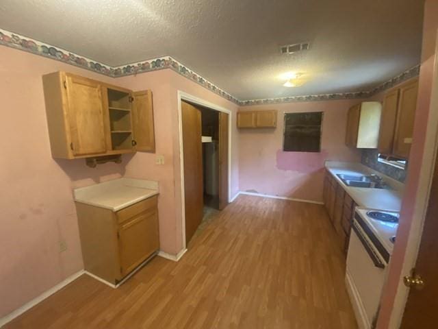 351 Lincoln Blvd, Mobile, AL 36608 - kitchen with electric stove, light wood finished floors, baseboards, a sink, and open shelves
