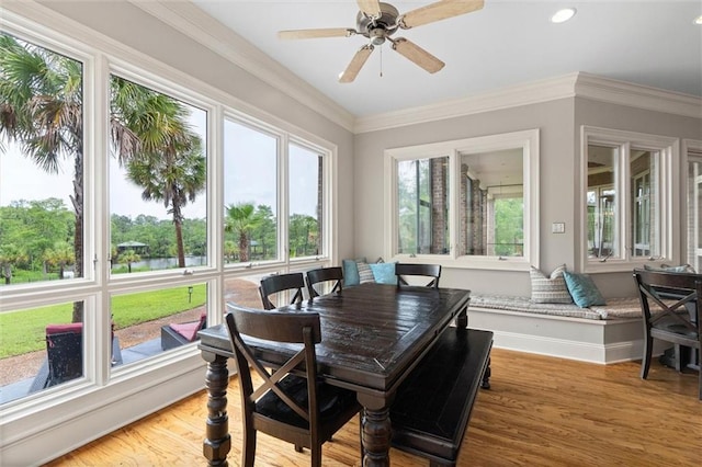 6060 Riverchase Dr S, Mobile, AL 36619 - dining space featuring light wood finished floors, recessed lighting, ornamental molding, and a ceiling fan