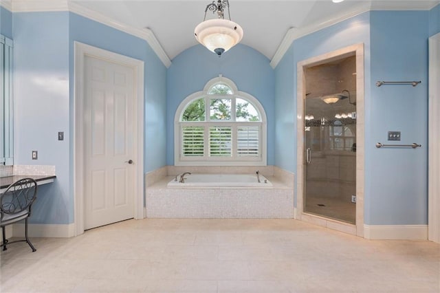 6060 Riverchase Dr S, Mobile, AL 36619 - bathroom with a garden tub, a shower stall, vaulted ceiling, ornamental molding, and tile patterned floors