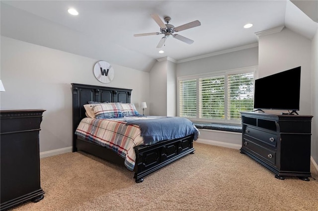 6060 Riverchase Dr S, Mobile, AL 36619 - bedroom with light colored carpet, recessed lighting, ornamental molding, lofted ceiling, and a ceiling fan