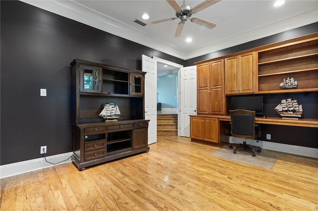 6060 Riverchase Dr S, Mobile, AL 36619 - office with built in study area, a ceiling fan, crown molding, light wood-type flooring, and recessed lighting