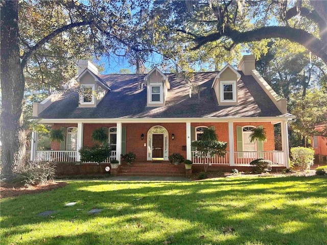 cape cod house with a porch and a front yard