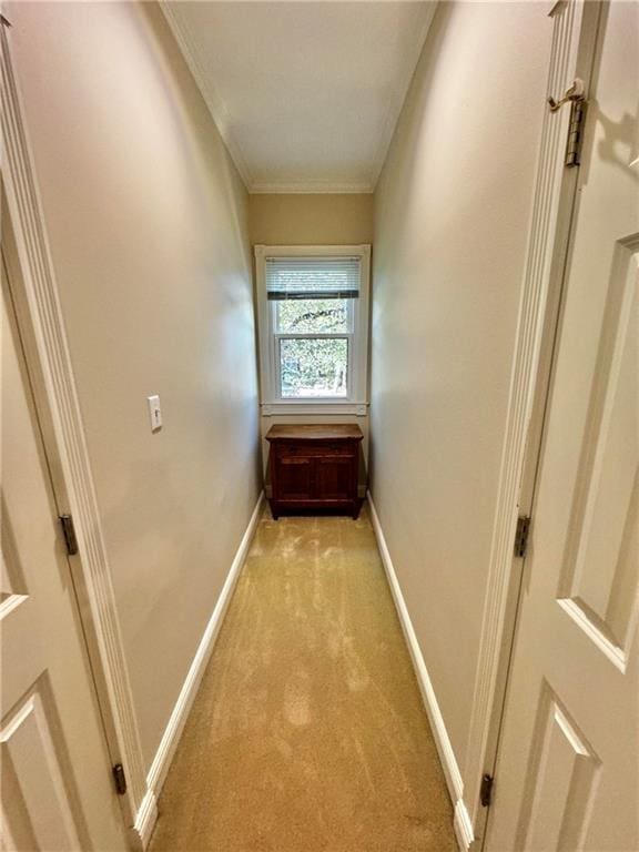 hallway with ornamental molding and light carpet