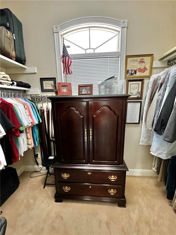 spacious closet featuring light colored carpet