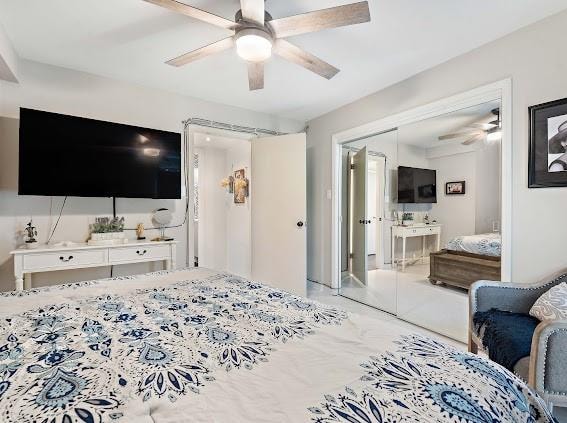 bedroom with ceiling fan and a closet